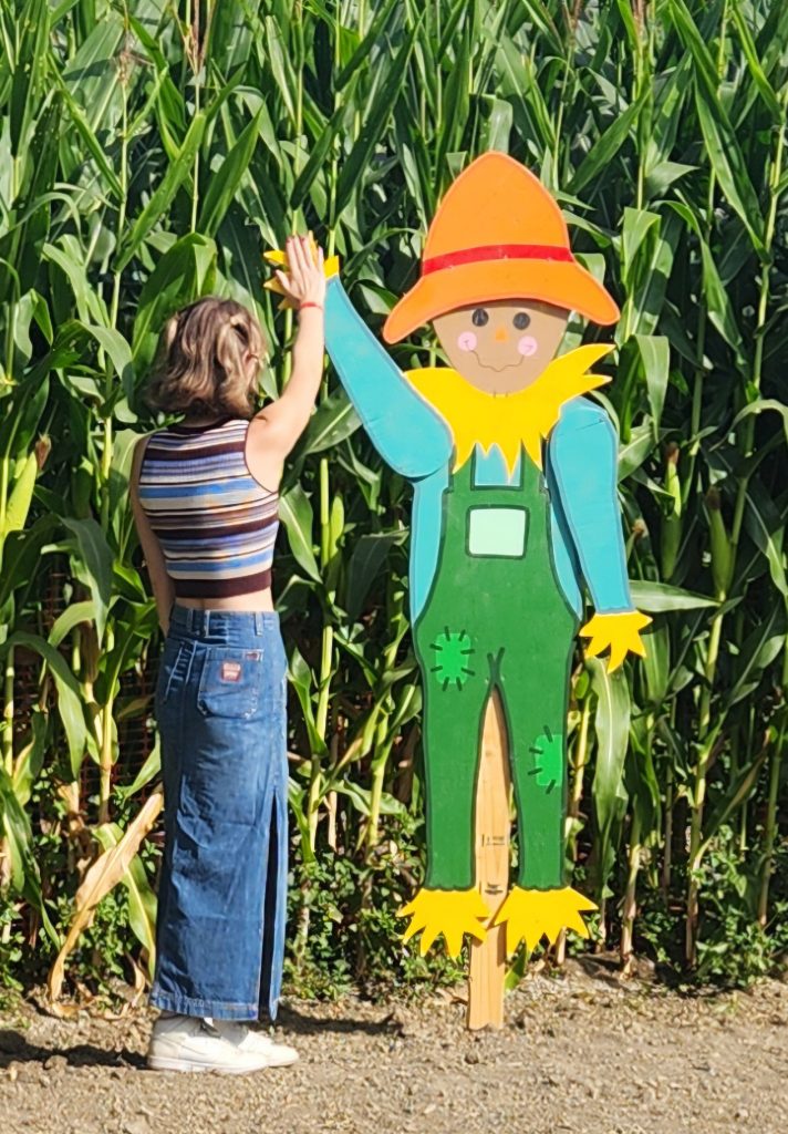 Blonder person in pants and a cropped shirt high-fives a life-sized scarecrow man.